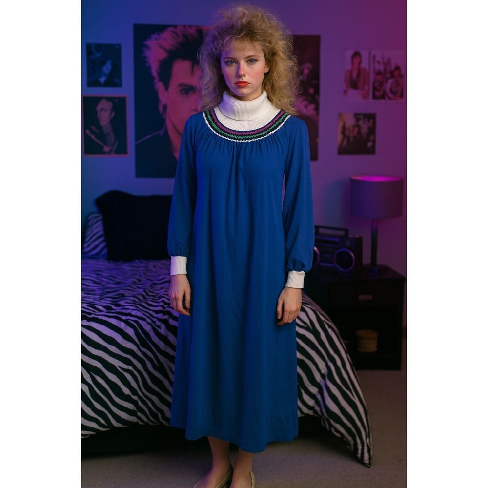 Cuddl Duds Maxi Nightgown Blue Womens‎ Size L Long Sleeve Ribbed Turtleneck NWT